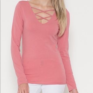 Brand new Long Sleeve Dusty Pink Criss Cross Top